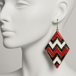 Red Black White Chevron Diamond Shape Drop Earrings – Bold Statement Geometric